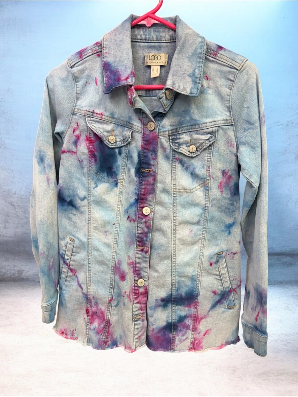 LOGO by Lori Goldstein Light Wash Hand Dyed  Designer Denim Jacket - Blue & Pink